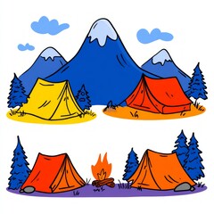 Colorful Camping Scene with Tents, Mountains, and Campfire in Nature