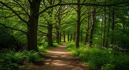 Forest Path with Lush Green Trees and Sunlight Dappling Through Leaves