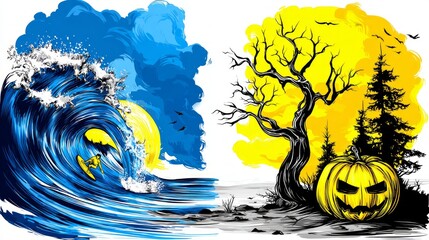 Surfer Riding Wave with Autumn Scene Featuring Jack-o'-Lantern and Tree