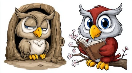 Cute Cartoon Owls Reading and Relaxing in Nature Scene with Tree