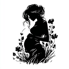 Silhouette of Pregnant Woman Surrounded by Flourishing Flowers and Plants