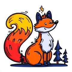 Whimsical Cartoon Fox Character with Colorful Flame Tail and Trees