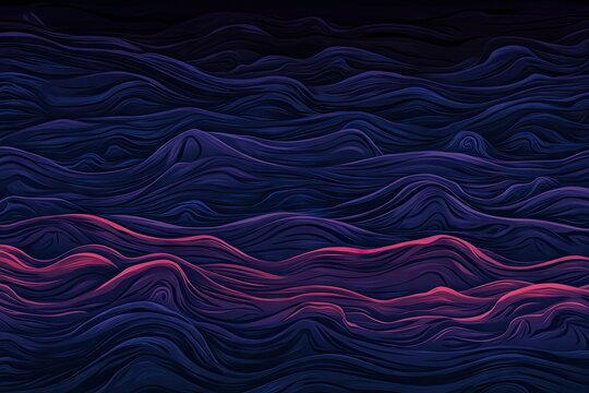 Abstract digital artwork depicting a stylized, undulating seascape with deep blues and purples, accented by streaks of vibrant pink, suggesting depth and movement through line variations - Powered by Adobe
