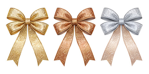 Luxury metallic glitter ribbons PNG set –  sparkling bows in gold, silver, bronze and copper, premium elegant style, isolated transparent background