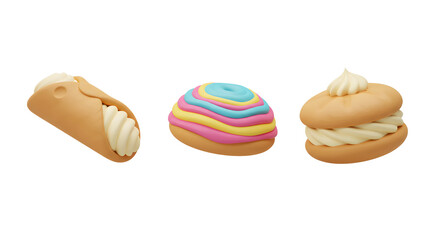 3d Cute Cartoon Pastries Set Cannoli Donut Cream Puff Isolated Transparent Background