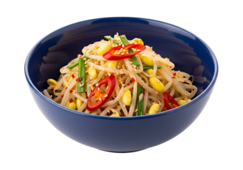 A vibrant bowl of bean sprouts, adorned with colorful peppers, green onions, and sesame seeds, presented against a dark background.