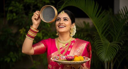 Beautiful Indian woman in traditional attire celebrating Karwa Chauth with decorated pooja thali, colorful bangles, jewelry, and sieve, symbolizing devotion, fasting, and festive rituals