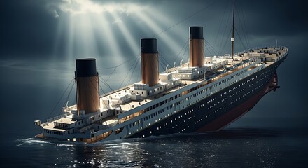 Large White Cruise Ship Tilting in Dark Ocean with Sun Rays