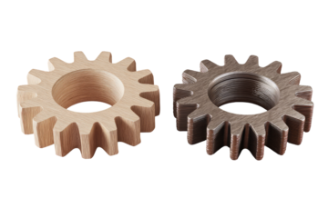 Two gears, one light beige/tan wood, one dark brown/gray wood, side-by-side, 3D render