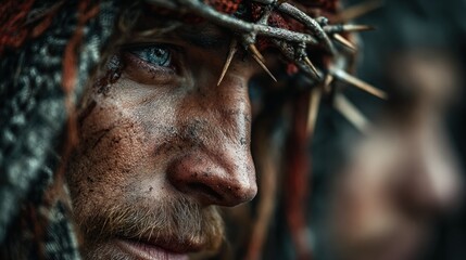 A Dramatic Close-Up Portrait of a Person with a Crown of Thorns