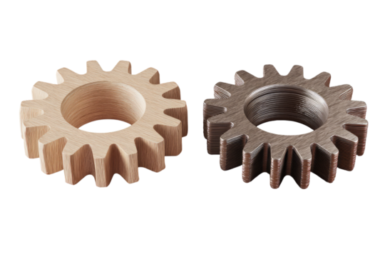 Two gears, one light beige/tan wood, one dark brown/gray wood, side-by-side, 3D render