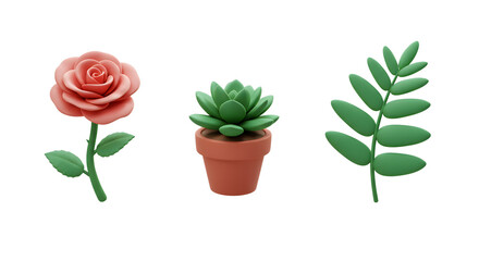 3d Cute Cartoon Plants Set Rose Succulent Leaf Isolated Transparent Background