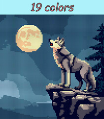 Wolf howls at the moon. Pixel art vector 100x100 for paint by numbers &ndash; color grid illustration with clean, smooth squares and overlaid grid, fully editable, scalable vector for digital or print use.