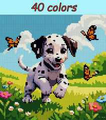 Cartoon Dalmatian. Pixel art vector 100x100 for paint by numbers &ndash; color grid illustration with clean, smooth squares and overlaid grid, fully editable, scalable vector for digital or print use.