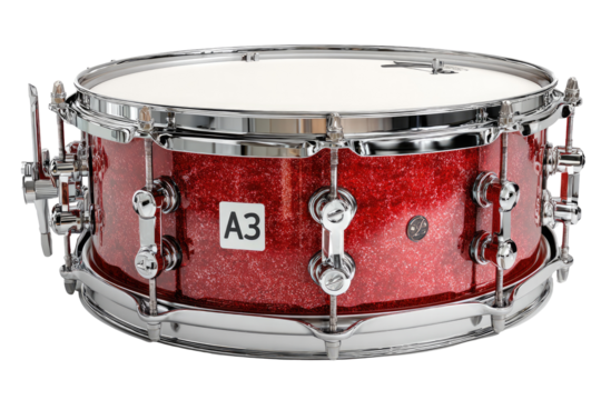 Red snare drum, metallic hoops, and hardware