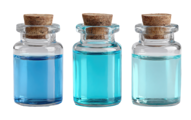 Three small glass bottles with cork stoppers, filled with shades of blue liquid