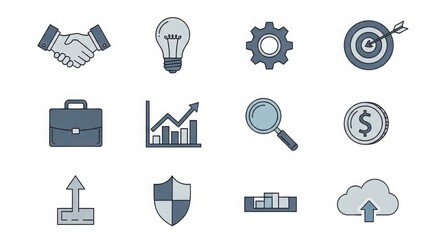 Set of universal business icons (vector illustrator set - e.g., handshake, lightbulb, gear) on a white background