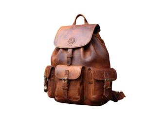 Full shot of a tan leather backpack.  Multiple pockets, buckles, and straps