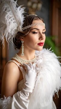 Glamorous woman with closed eyes poses in vintage 1920s flapper style attire, including feather headpiece and pearl jewelry