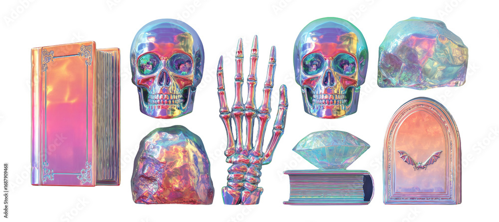 Wall mural iridescent skull and crystal objects with artistic style on transparent background