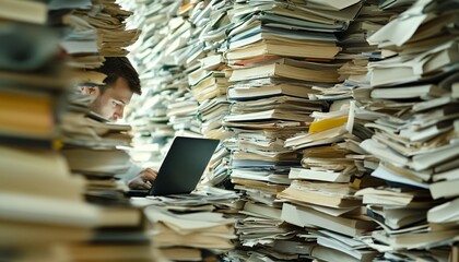 The illustration shows a man using a laptop computer while surrounded by numerous stacks of books and documents.