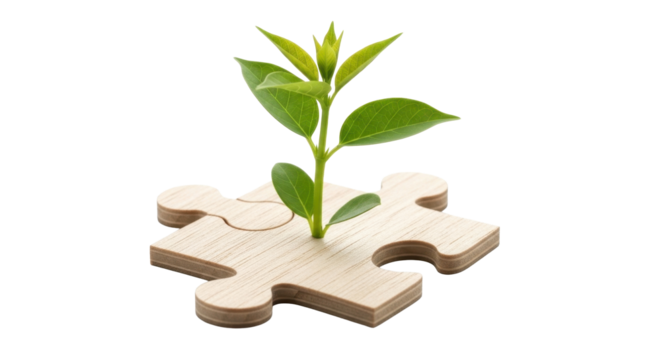 A small green plant grows from a wooden jigsaw puzzle piece, isolated on a white background.