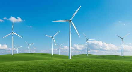 Wind turbines standing on a green field under a blue sky with fluffy clouds