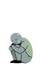 Isolated stylized figure in fetal position crying with visible tears conveying deep sadness and emotional distress