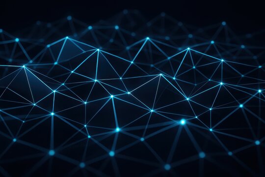 Advanced polygonal network visualization with neon blue accents on dark background representing cutting-edge technology