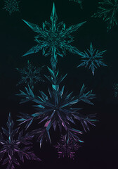 Low poly geometric snowflakes with metallic textures, modern abstract design. 