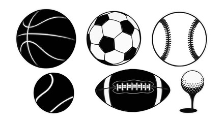 Collection of black and white sports ball icons including basketball, soccer ball, baseball, tennis ball, football, and golf ball illustration
