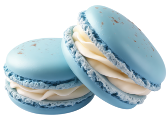 Two light-blue macarons, stacked, with creamy white filling, and speckled light-brown accents