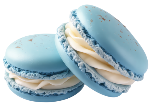 Two light-blue macarons, stacked, with creamy white filling, and speckled light-brown accents