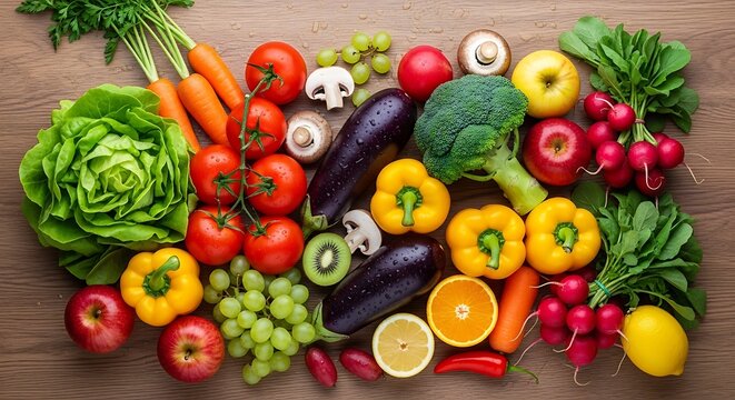 A vibrant display of fresh produce featuring fruits and vegetables on wood table