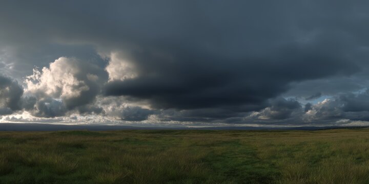Dramatic cloud formation over rolling hills nature landscape open field wide angle view atmospheric transition