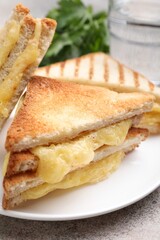 Tasty sandwiches with melted cheese and parsley on grey table, closeup