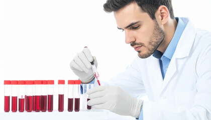 Scientist meticulously analyzing blood samples with pipette in a sterile laboratory setting
