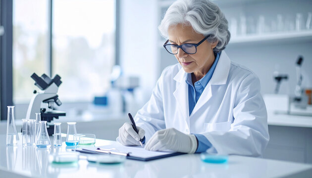 Dedicated senior scientist analyzing data in modern lab, researching solutions with focus