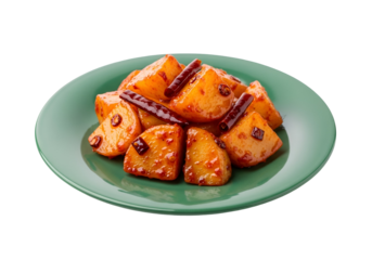 A plate of cooked potatoes, seasoned with a spicy sauce and red chilies, is presented against a black backdrop.