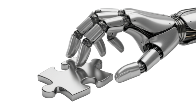 A metallic robotic arm carefully places a puzzle piece. - Powered by Adobe