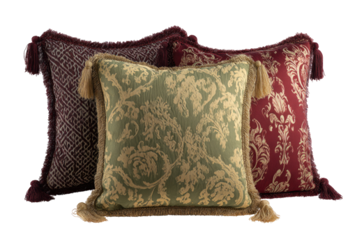 Three decorative throw pillows, featuring intricate patterns and tassels
