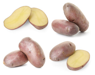 Fresh raw potatoes isolated on white, collage. Whole and cut