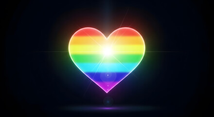 Vibrant Glowing Rainbow Heart on Black Background with Light Flare - Symbol of Love, Pride, and Diversity