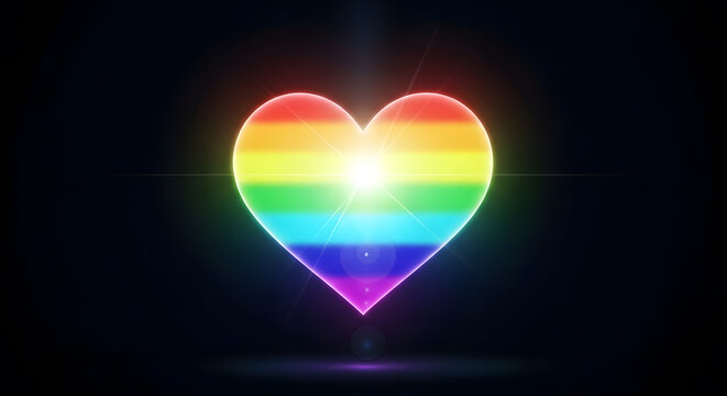 Vibrant Glowing Rainbow Heart on Black Background with Light Flare - Symbol of Love, Pride, and Diversity