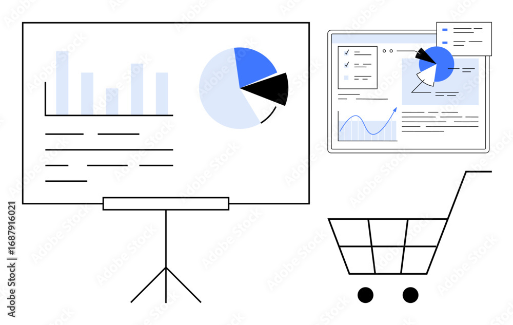 Aufkleber charts and graphs on a presentation board and screen represent data analysis. shopping cart highligh