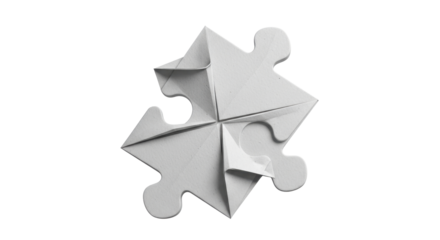 A grayscale origami puzzle piece design, folded and interlocking.