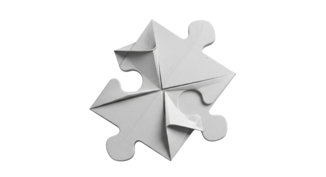 A grayscale origami puzzle piece design, folded and interlocking.