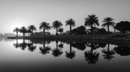 Obraz premium Black and white photo shows a serene lake reflecting palm trees at sunrise