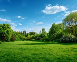 Green Park with Blue Sky and Clouds