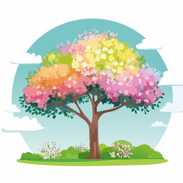 colorful tree in bloom, spring scene clip art preview